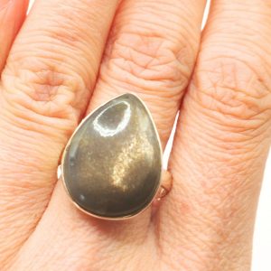 bague artisanale argent et obsidienne dorée